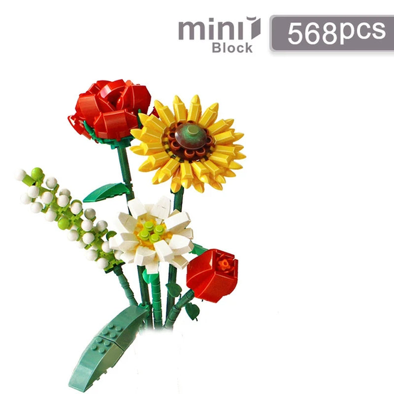 Romantic Roses Flowers Sunflowers Daffodils Gardens House Building Blocks Classic Model Mini Bricks Sets Kids Kits